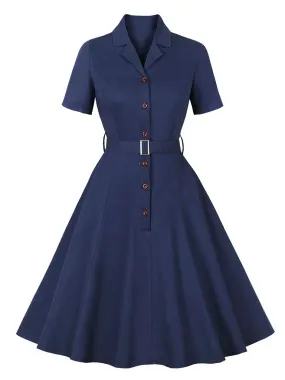 1950S Turndown Collar Solid Color Short Sleeve Vintage Dress