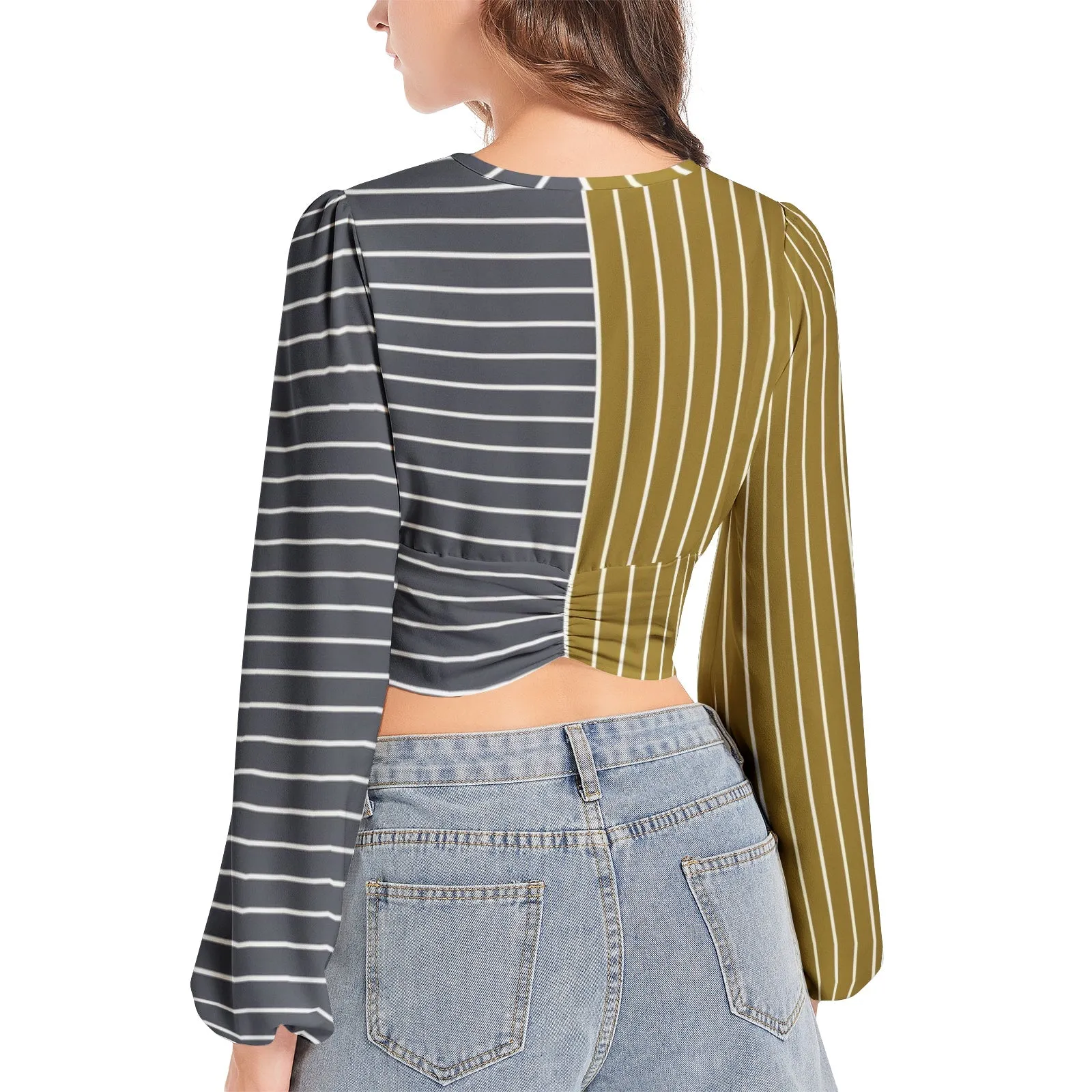 Antique Bronze & Gunmetal Women's Deep V-Neck Lantern Sleeve Crop Top