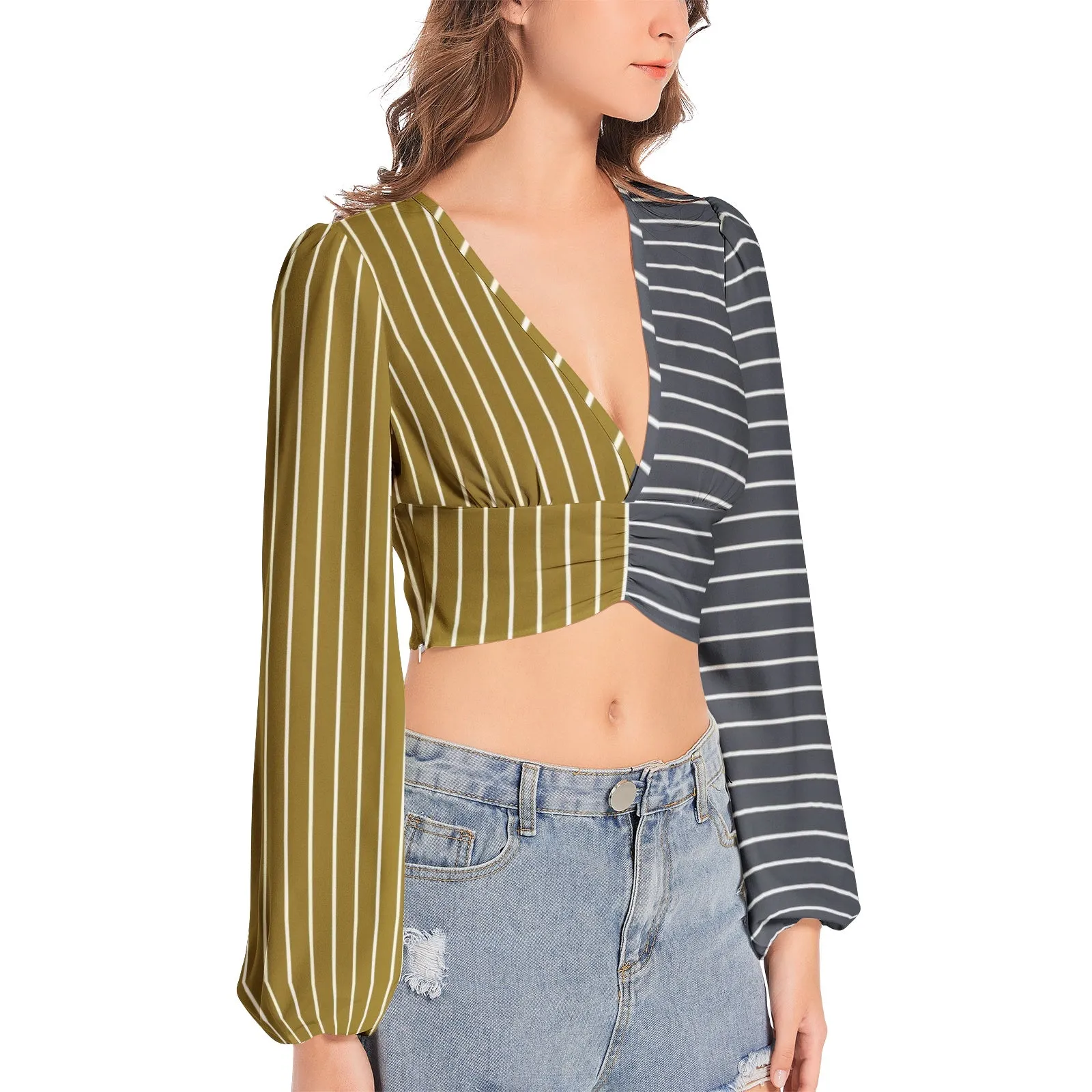 Antique Bronze & Gunmetal Women's Deep V-Neck Lantern Sleeve Crop Top