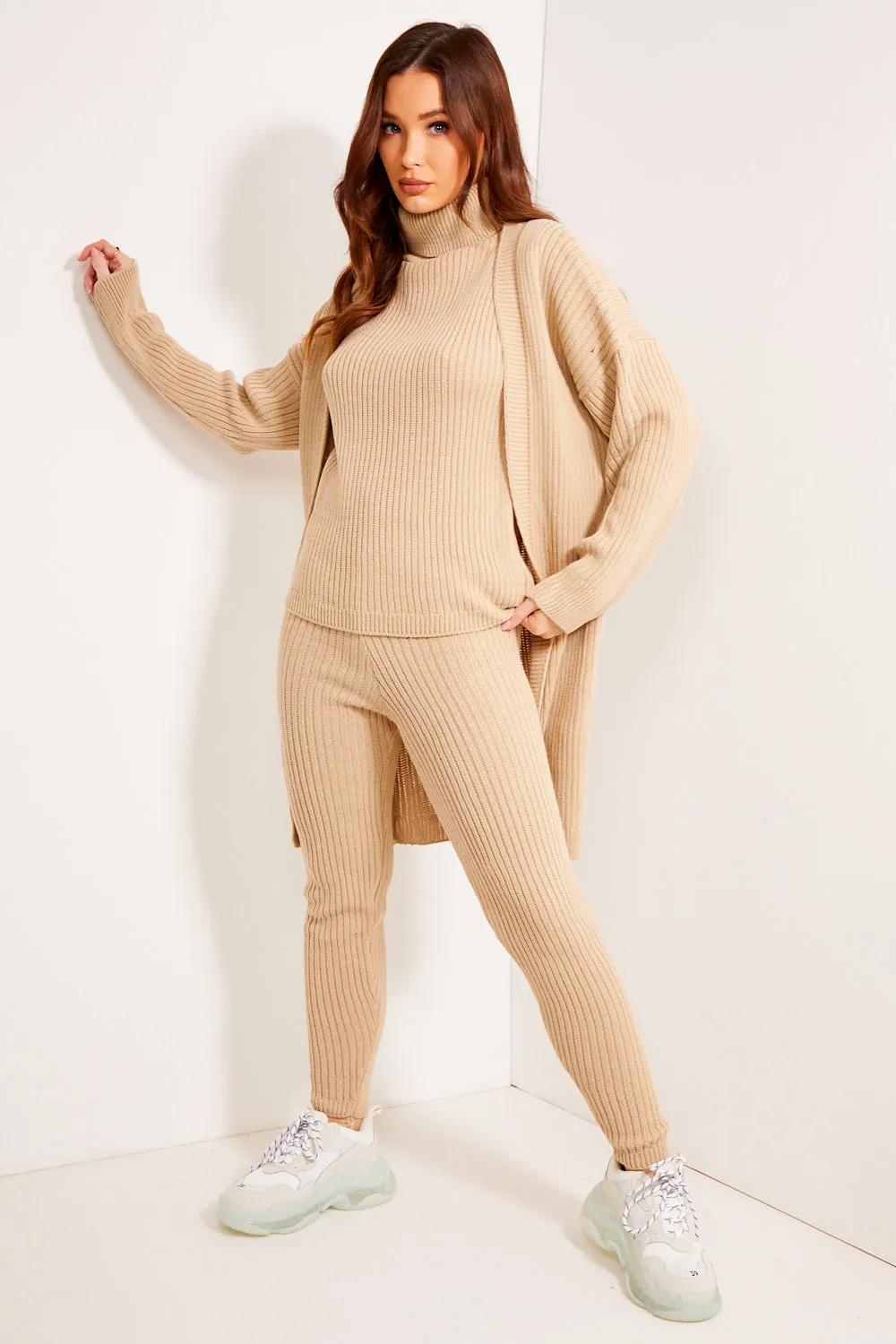Ariannas Beige Roll Neck Knitted 3 Piece Loungewear Set