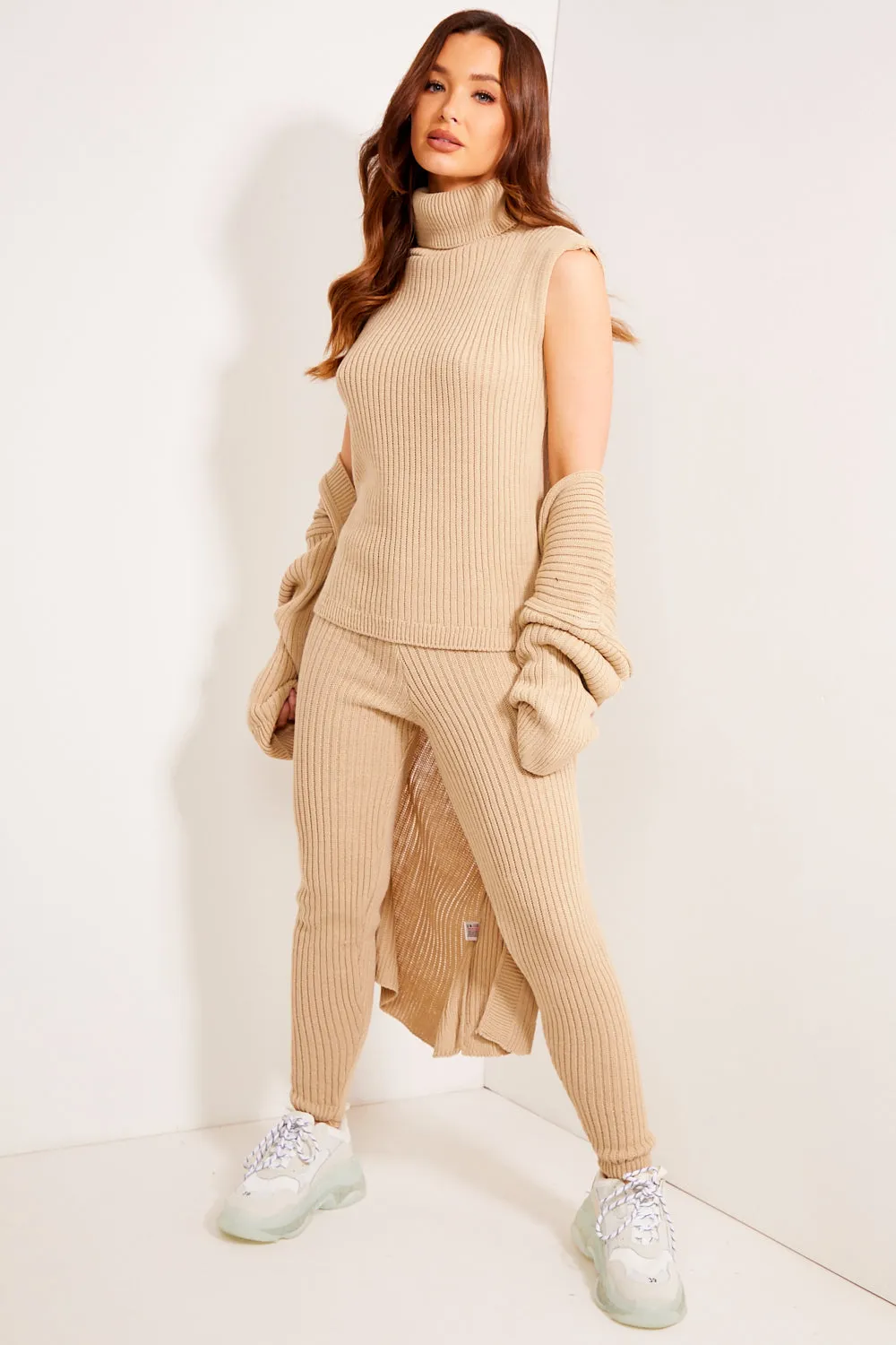 Ariannas Beige Roll Neck Knitted 3 Piece Loungewear Set