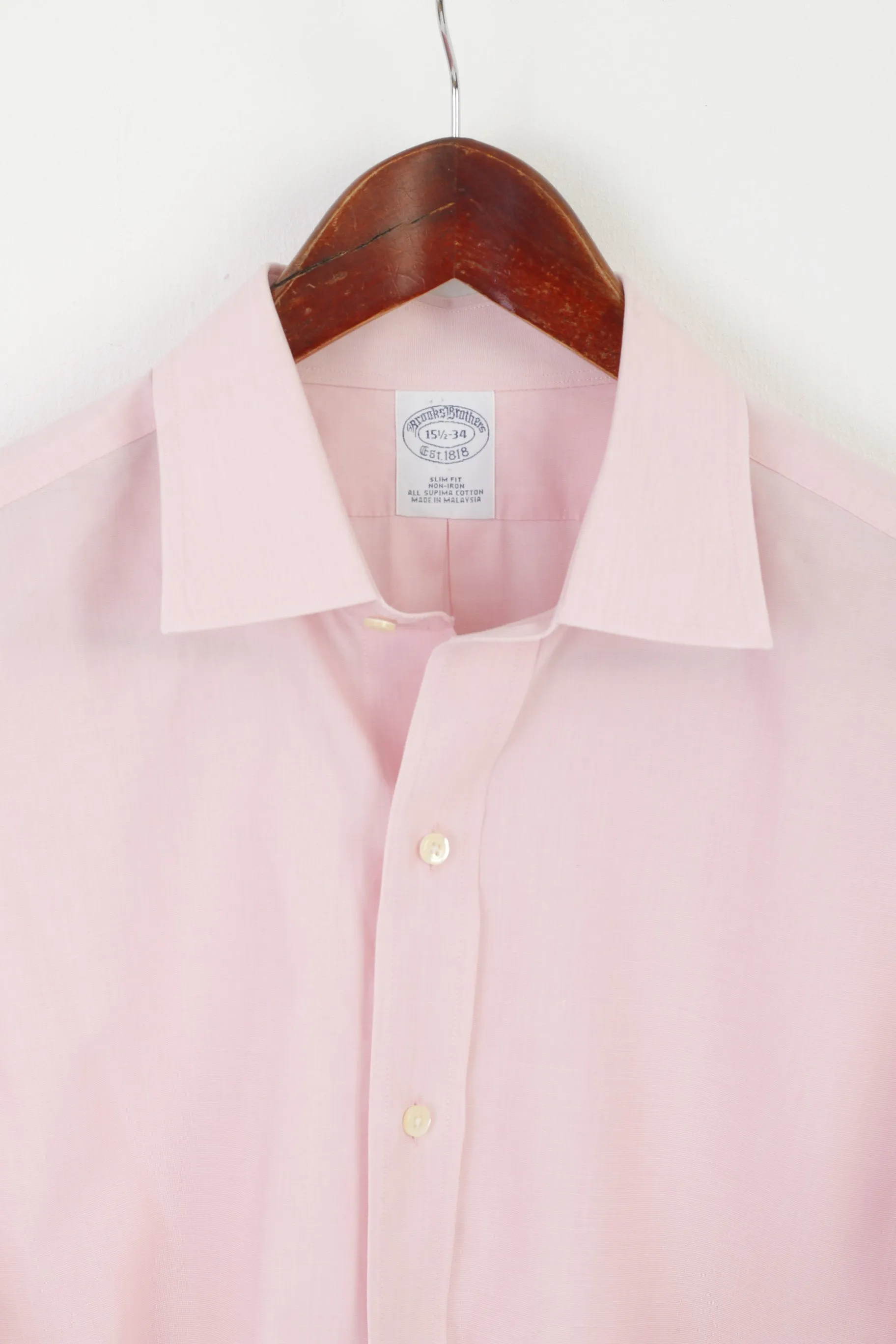 Brooks Brothers Men 15.5 34 L Casual Shirt Pink Cotton Slim Fit Non Iron Cuff Top