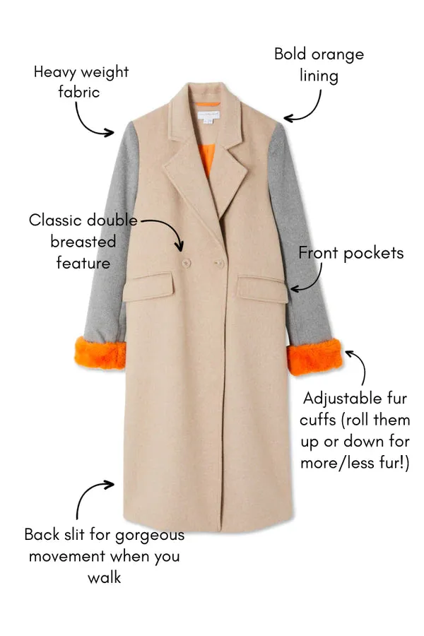 Luxurious Camel Fur Cuff Petra Womens Coat