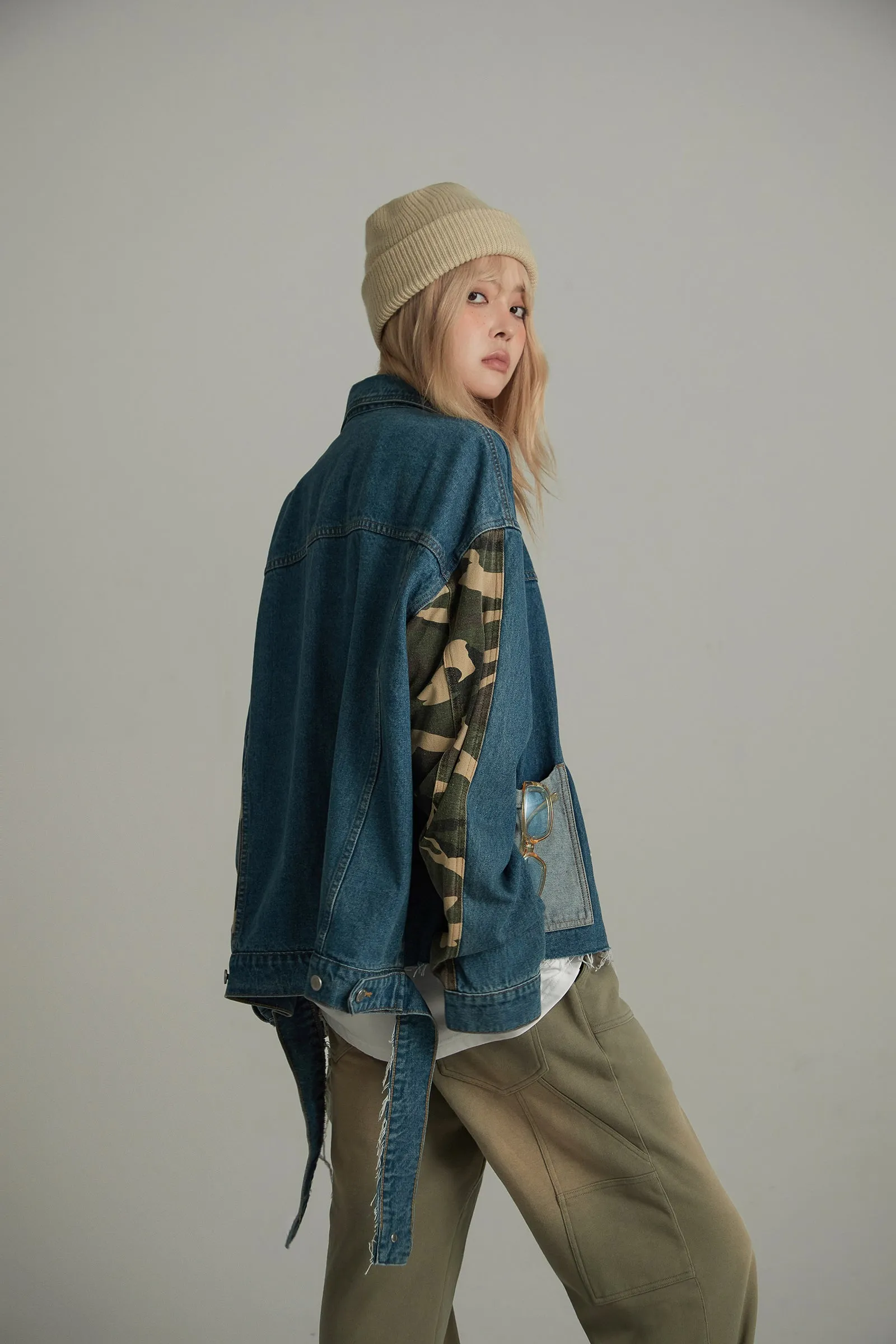 Camouflage Sleeve Raw Hem Denim Shirt