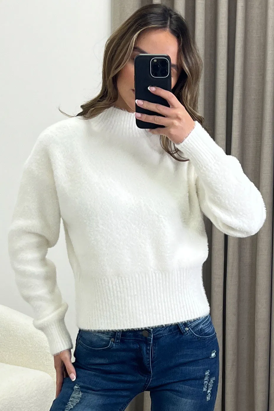 Carie Cream Faux Fur High Neck Knit Jumper
