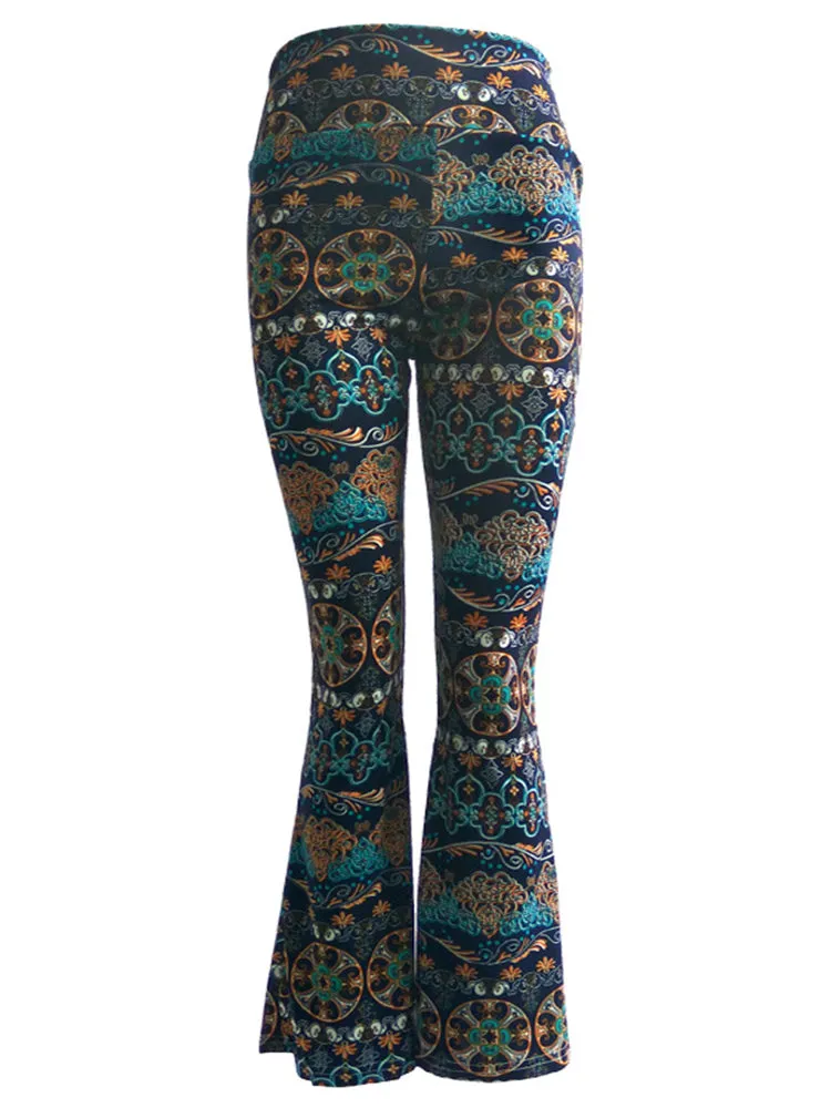 Casual Multi-color Printed Stretch Waist Women Flare Pants