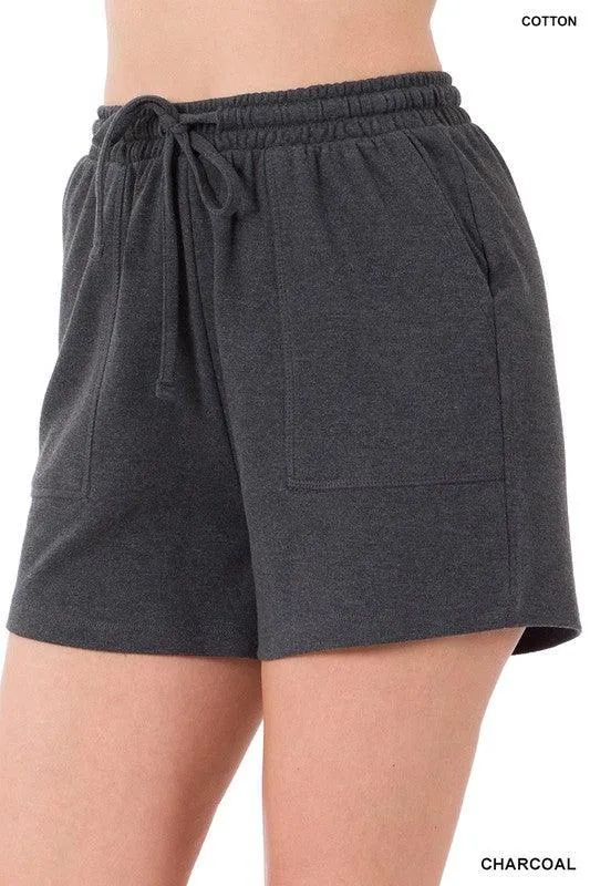 Cotton Drawstring Waist Shorts With Pockets