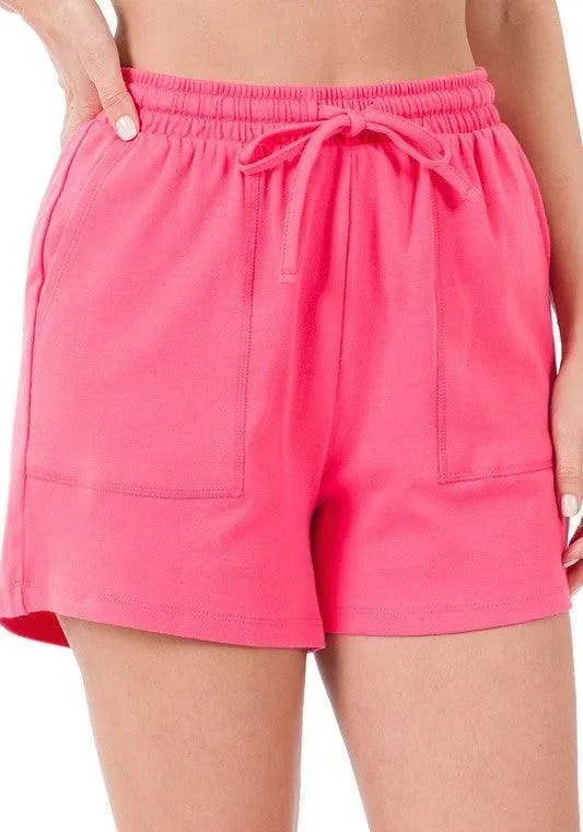 Cotton Drawstring Waist Shorts With Pockets