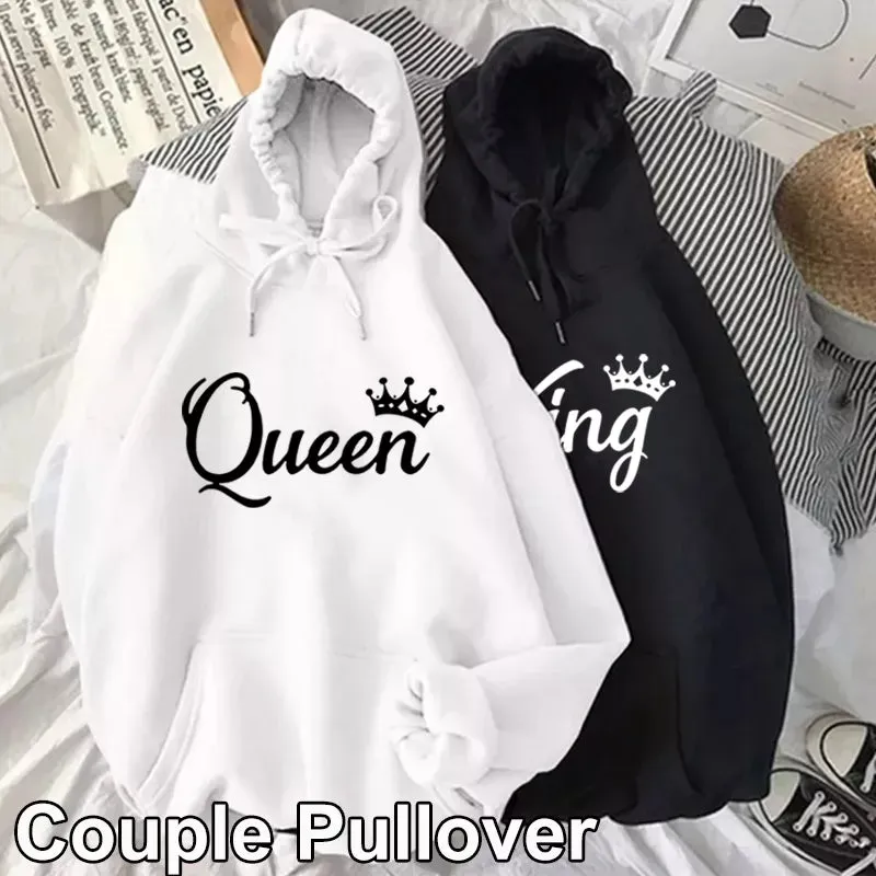 deanwangkt Fashion Men Women Long Sleeve Pullover Hooded Sweatshirts Unisex King and Queen Print Hoodies Casual Streetwear Couple Sweat