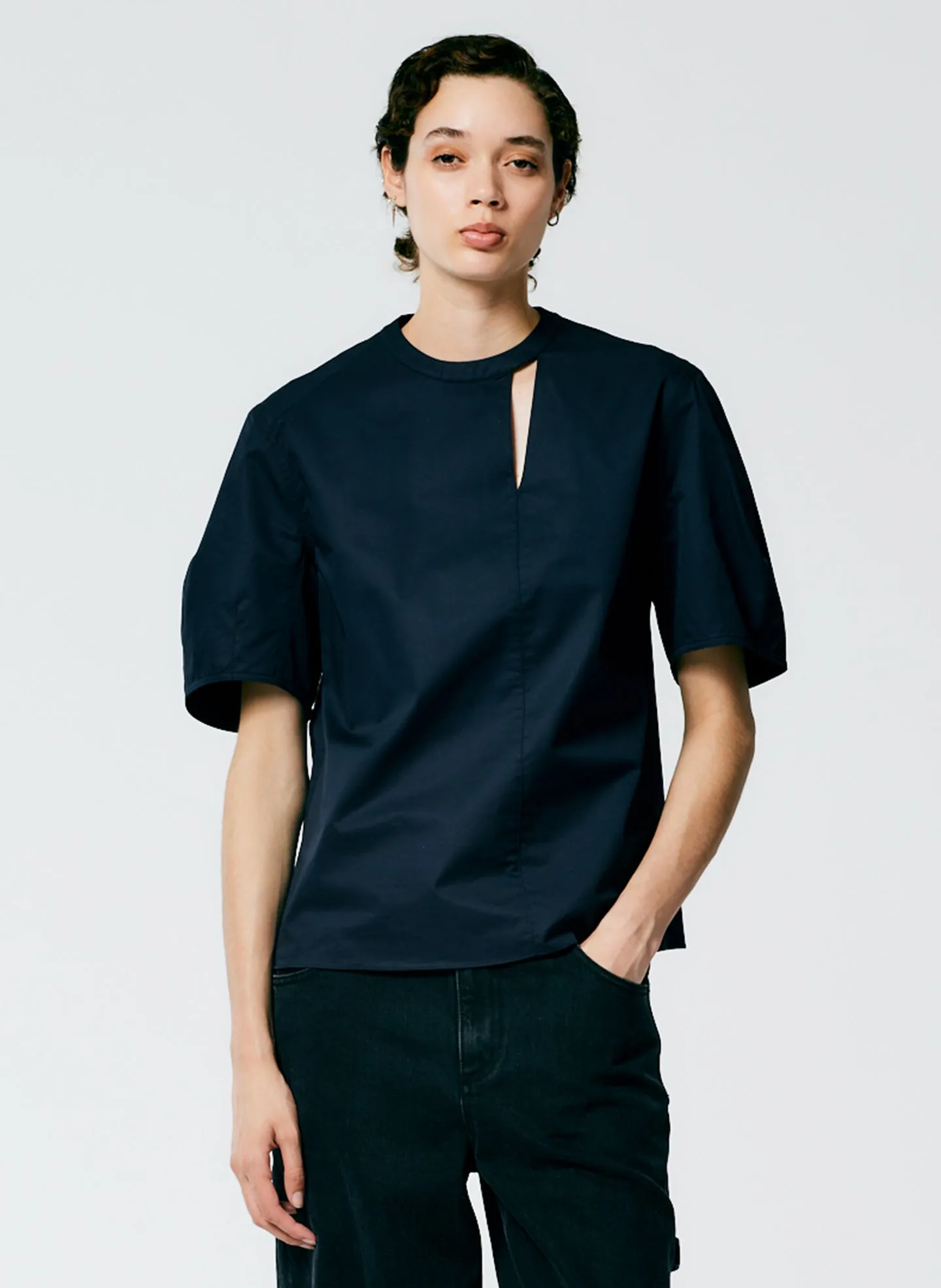 Eco Poplin Sculpted Sleeve Top With Cut Out Detail