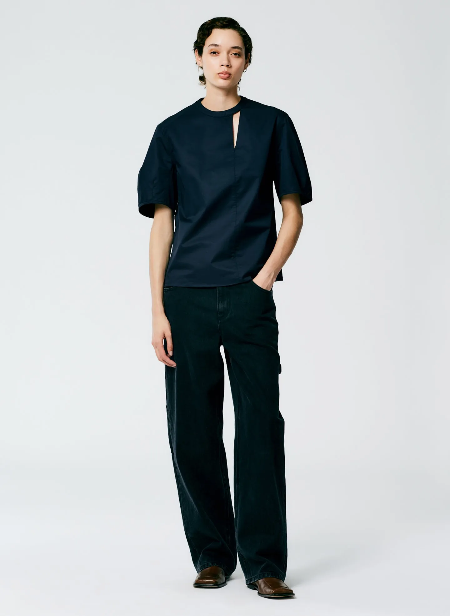Eco Poplin Sculpted Sleeve Top With Cut Out Detail
