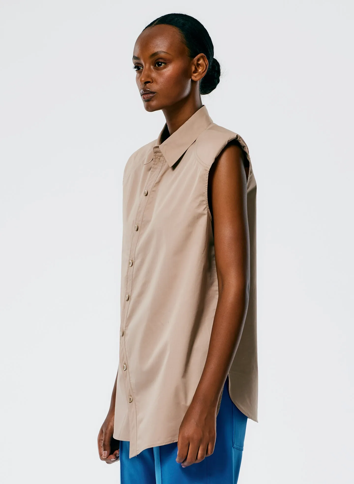 Eco Poplin Sleeveless Shoulderpad Shirt