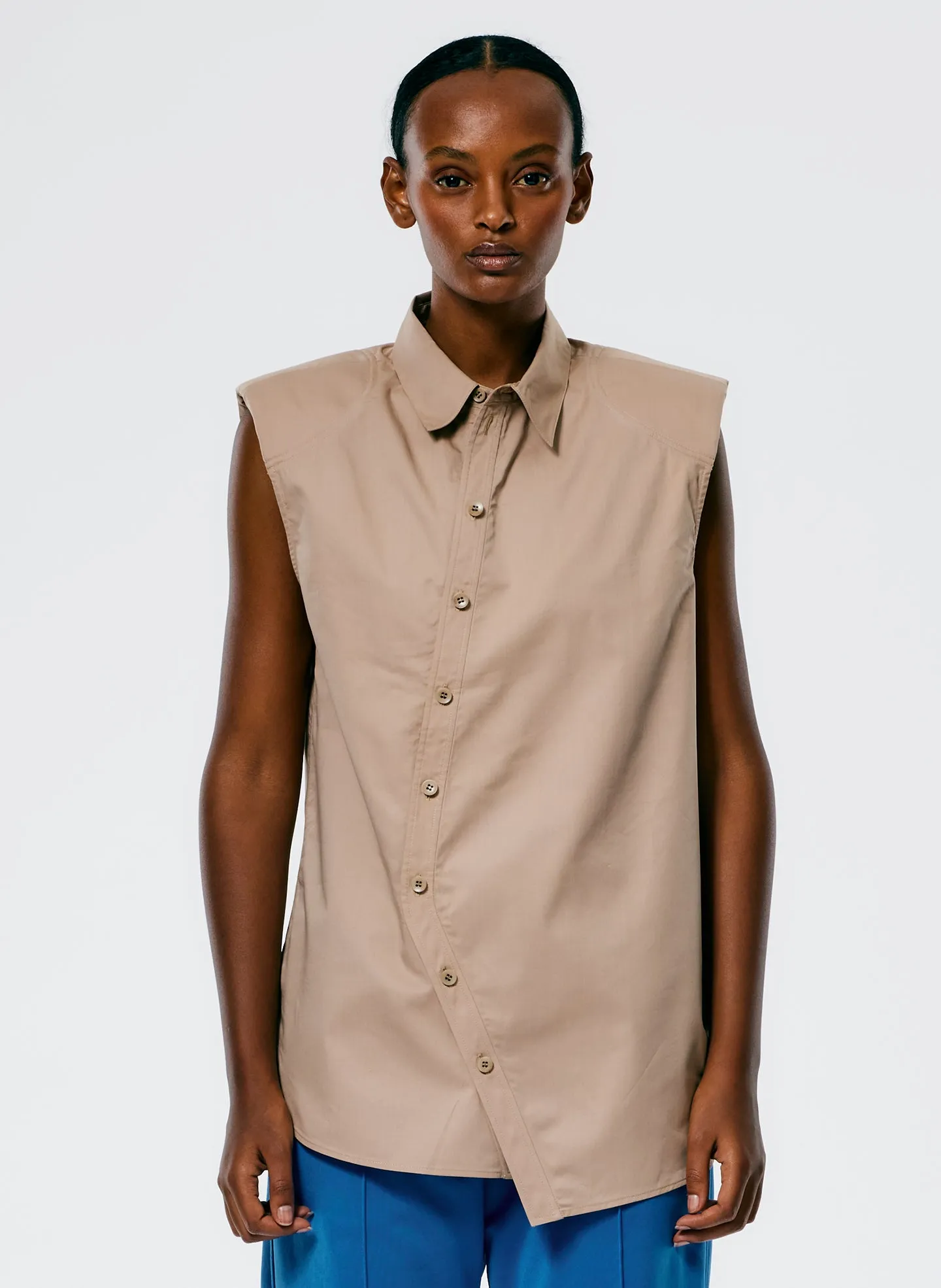 Eco Poplin Sleeveless Shoulderpad Shirt