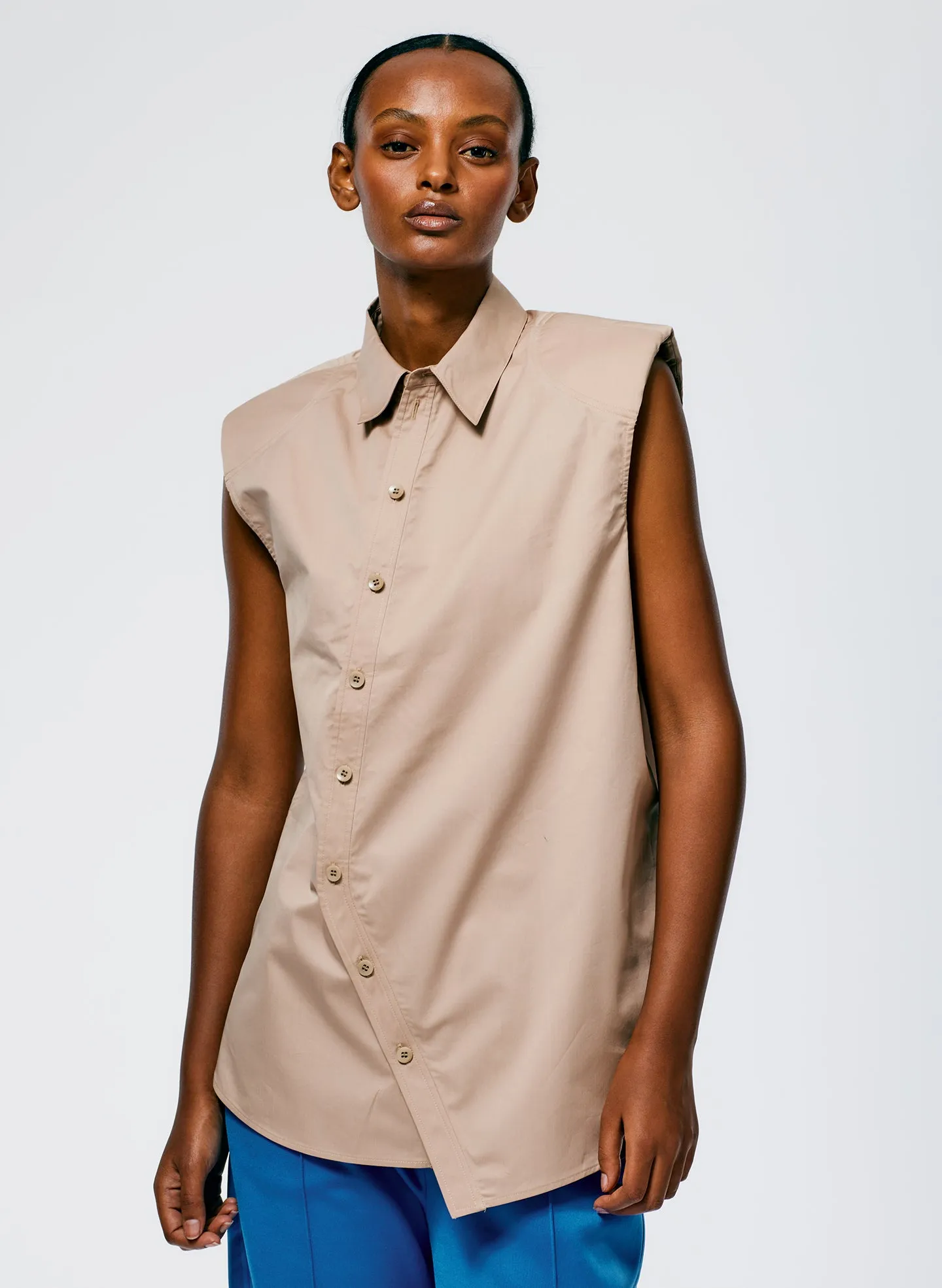 Eco Poplin Sleeveless Shoulderpad Shirt