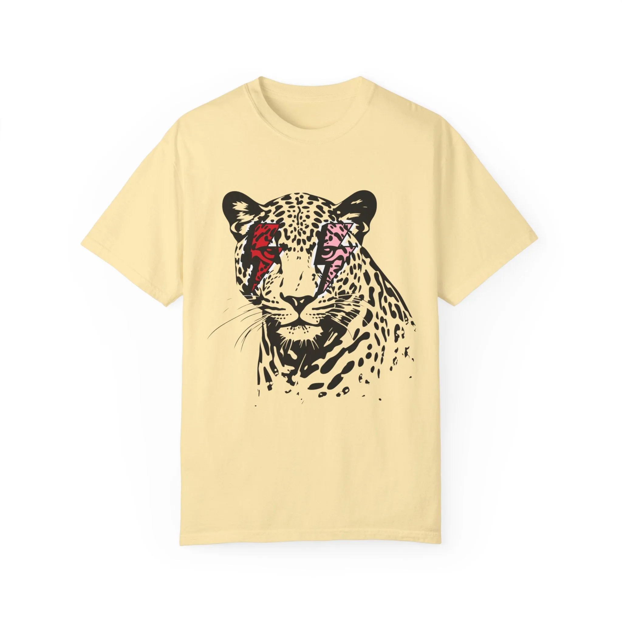 Eddy and Rita Women's Comfort Colors T-Shirt - Leopard with Lightning Bolts Rock and Roll Graphic Tee