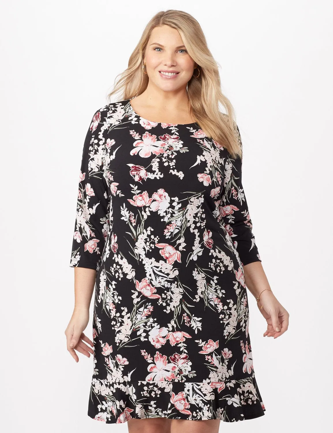 Floral Puff ITY Dress with Flounce Hem - Plus