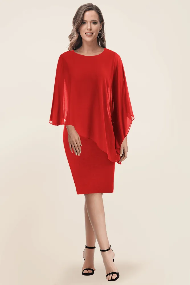 HN Women Chiffon Capelet Decorated Dress Crew Neck Knee Length Pencil Dress