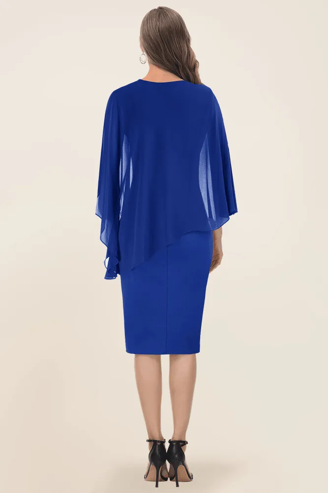 HN Women Chiffon Capelet Decorated Dress Crew Neck Knee Length Pencil Dress