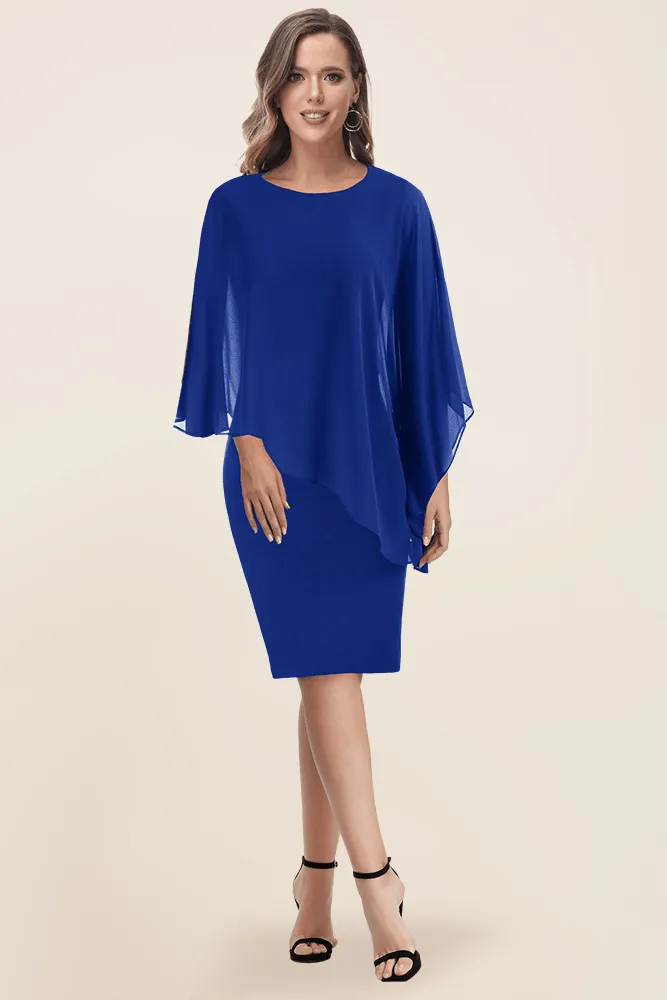 HN Women Chiffon Capelet Decorated Dress Crew Neck Knee Length Pencil Dress