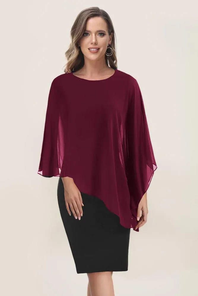 HN Women Chiffon Capelet Decorated Dress Crew Neck Knee Length Pencil Dress