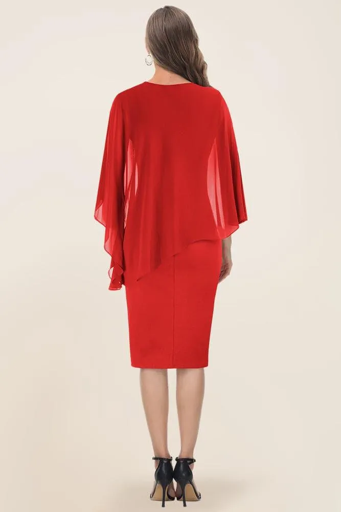 HN Women Chiffon Capelet Decorated Dress Crew Neck Knee Length Pencil Dress