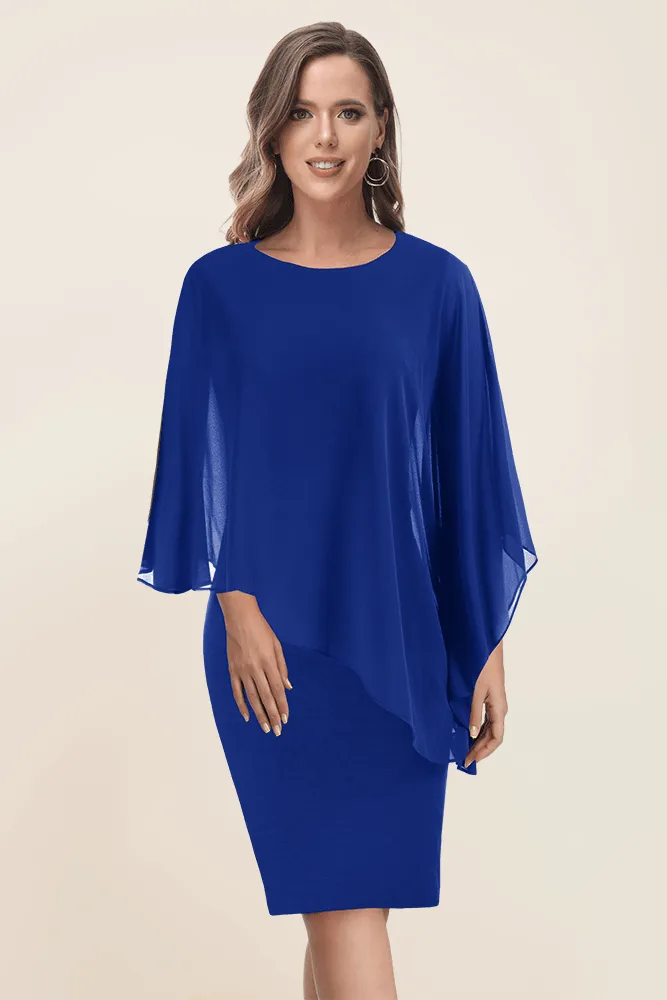 HN Women Chiffon Capelet Decorated Dress Crew Neck Knee Length Pencil Dress