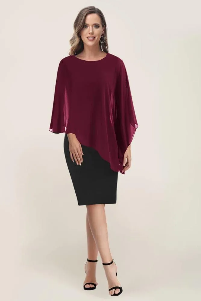 HN Women Chiffon Capelet Decorated Dress Crew Neck Knee Length Pencil Dress