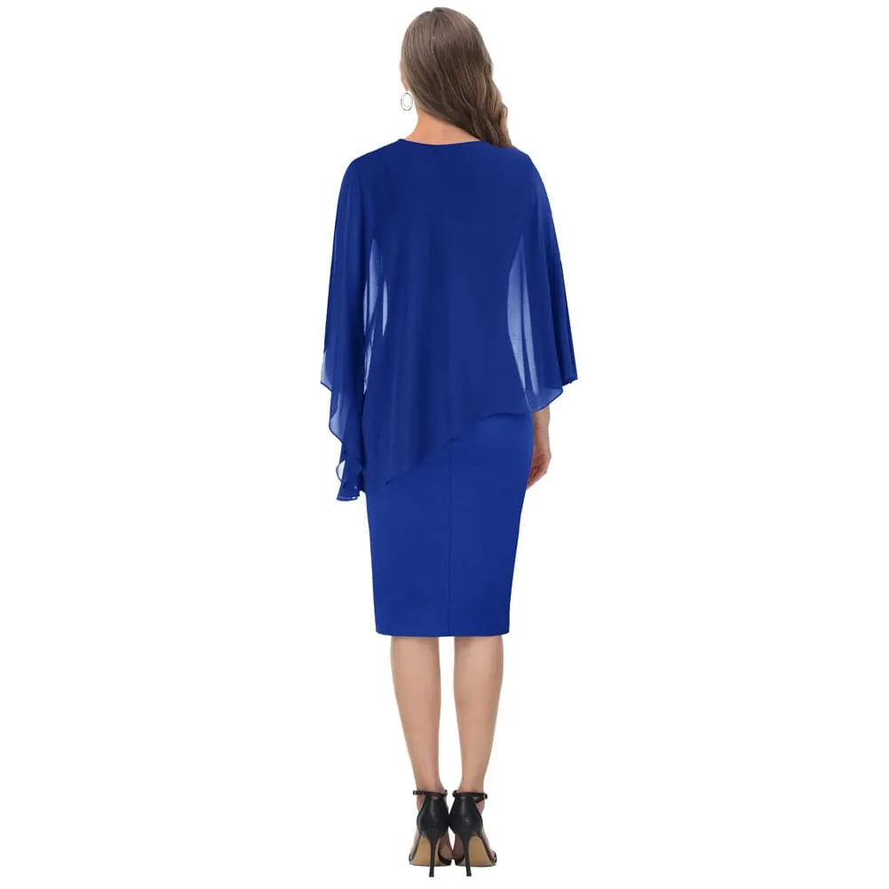 HN Women Chiffon Capelet Decorated Dress Crew Neck Knee Length Pencil Dress