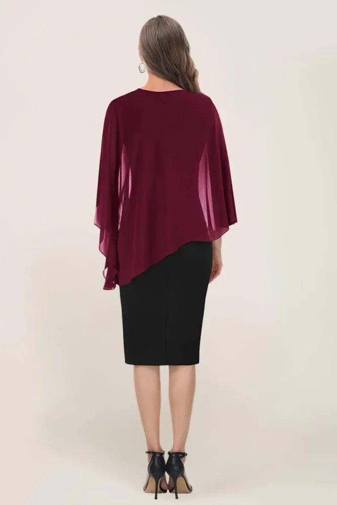 HN Women Chiffon Capelet Decorated Dress Crew Neck Knee Length Pencil Dress