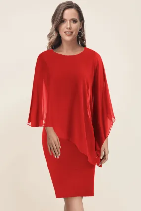 HN Women Chiffon Capelet Decorated Dress Crew Neck Knee Length Pencil Dress