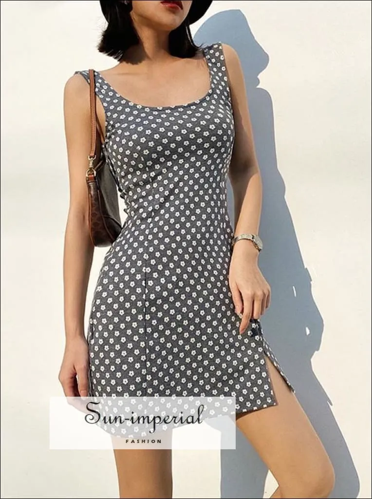 Lemon Yellow Square Neck Daisy Print Mini Wide Tank Dress with side Slit detail
