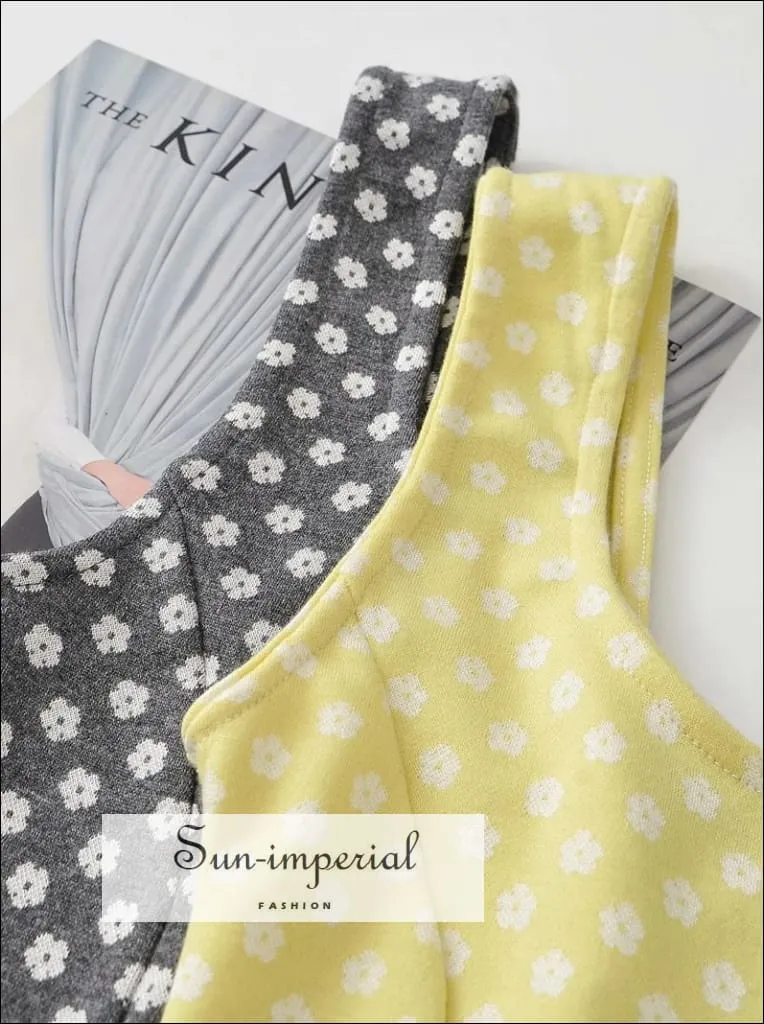 Lemon Yellow Square Neck Daisy Print Mini Wide Tank Dress with side Slit detail