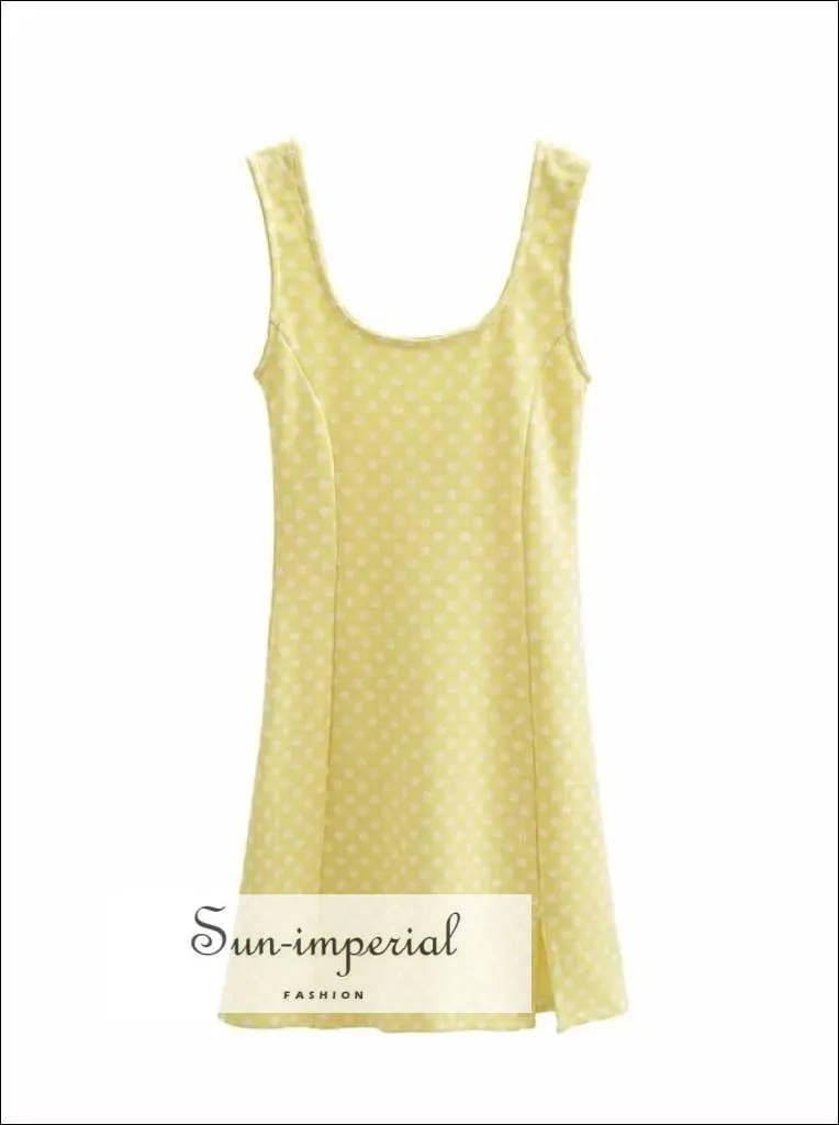Lemon Yellow Square Neck Daisy Print Mini Wide Tank Dress with side Slit detail