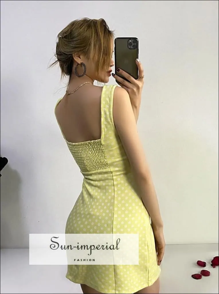 Lemon Yellow Square Neck Daisy Print Mini Wide Tank Dress with side Slit detail