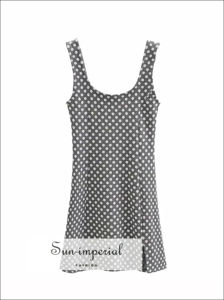 Lemon Yellow Square Neck Daisy Print Mini Wide Tank Dress with side Slit detail