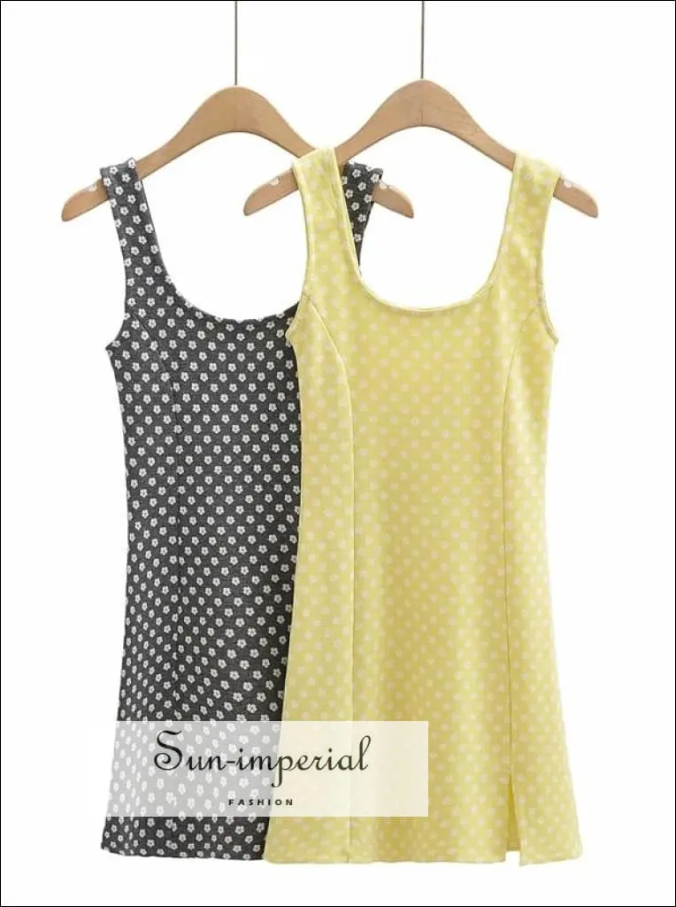 Lemon Yellow Square Neck Daisy Print Mini Wide Tank Dress with side Slit detail