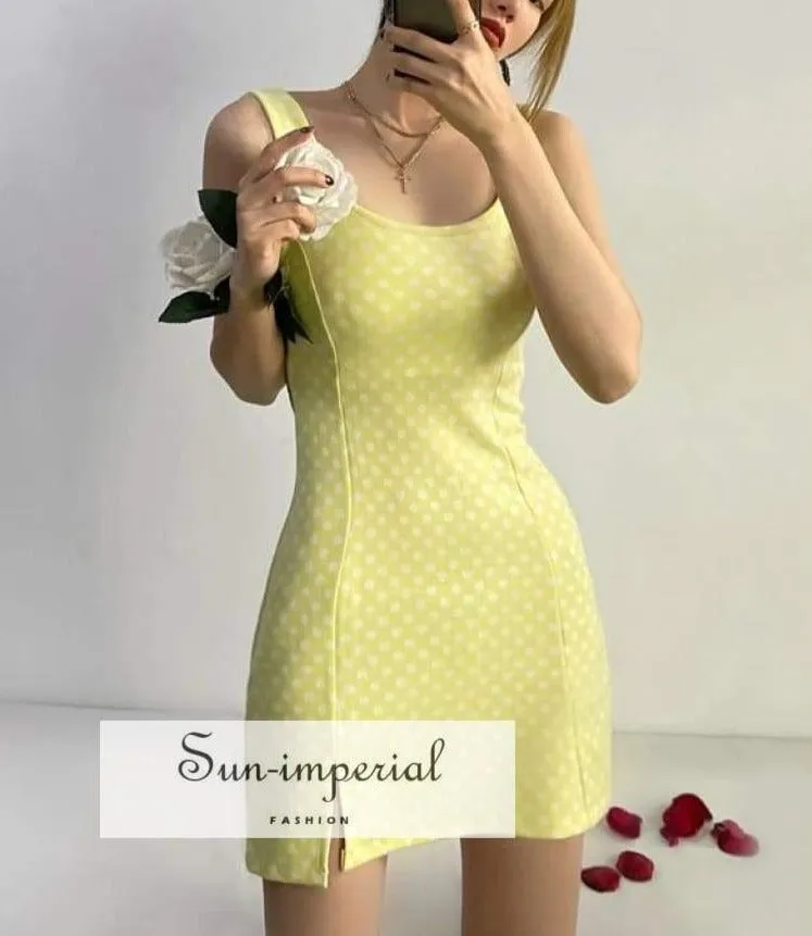 Lemon Yellow Square Neck Daisy Print Mini Wide Tank Dress with side Slit detail