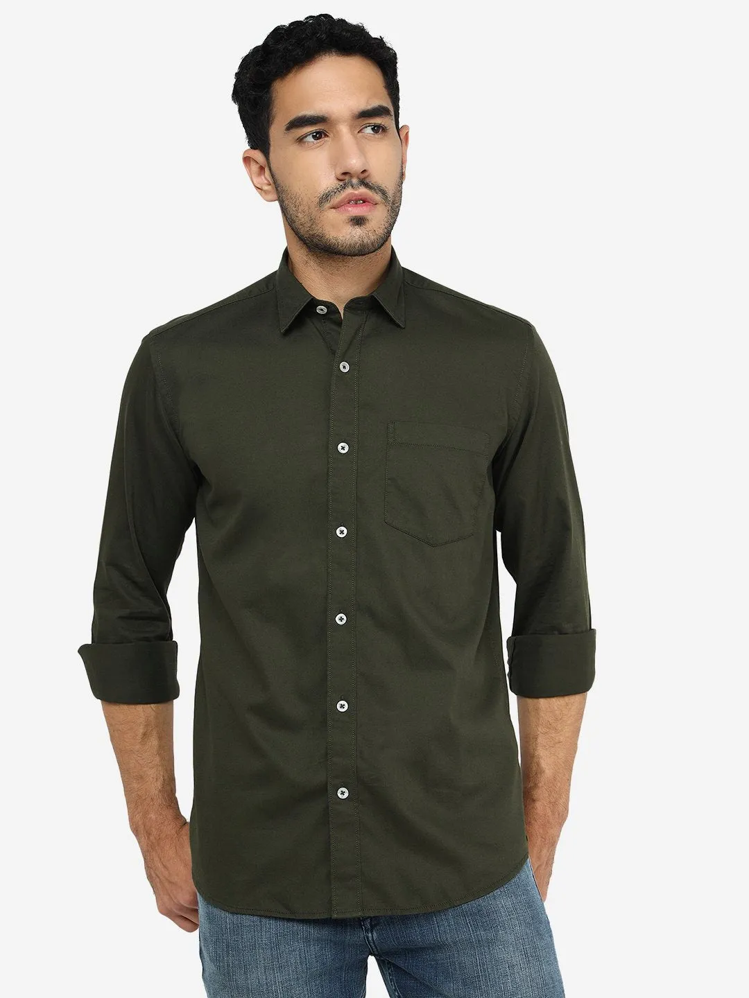 Olive Green Solid Slim Fit Semi Casual Shirt | JadeBlue