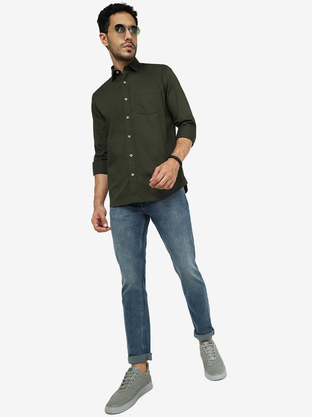 Olive Green Solid Slim Fit Semi Casual Shirt | JadeBlue
