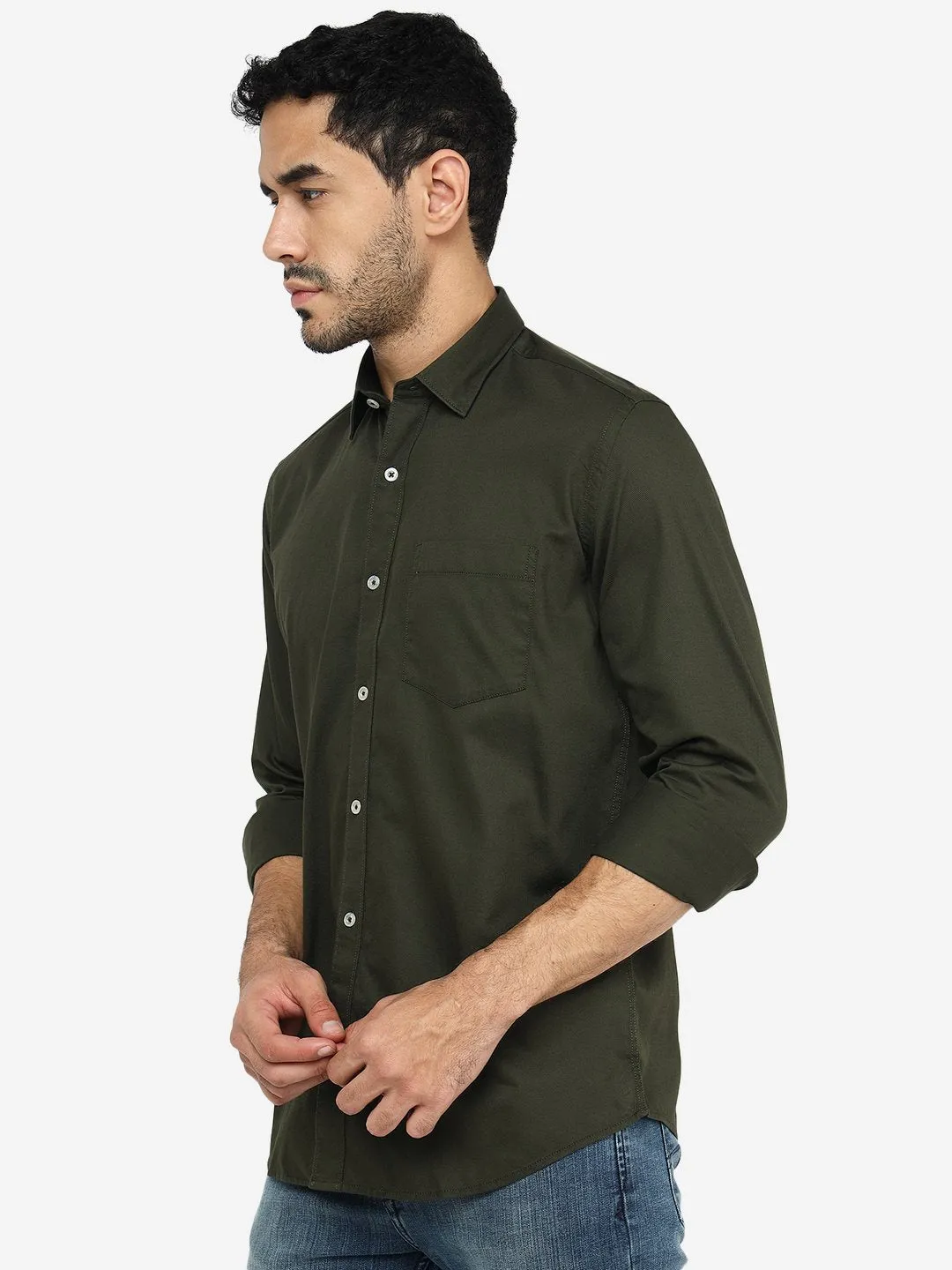 Olive Green Solid Slim Fit Semi Casual Shirt | JadeBlue