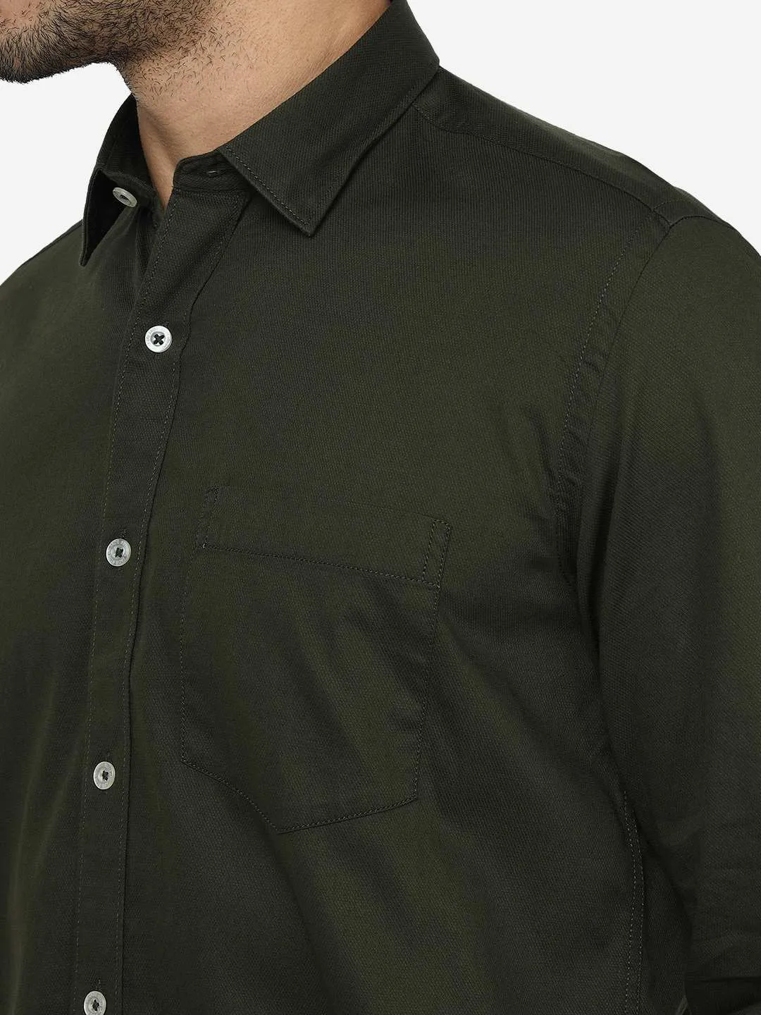 Olive Green Solid Slim Fit Semi Casual Shirt | JadeBlue