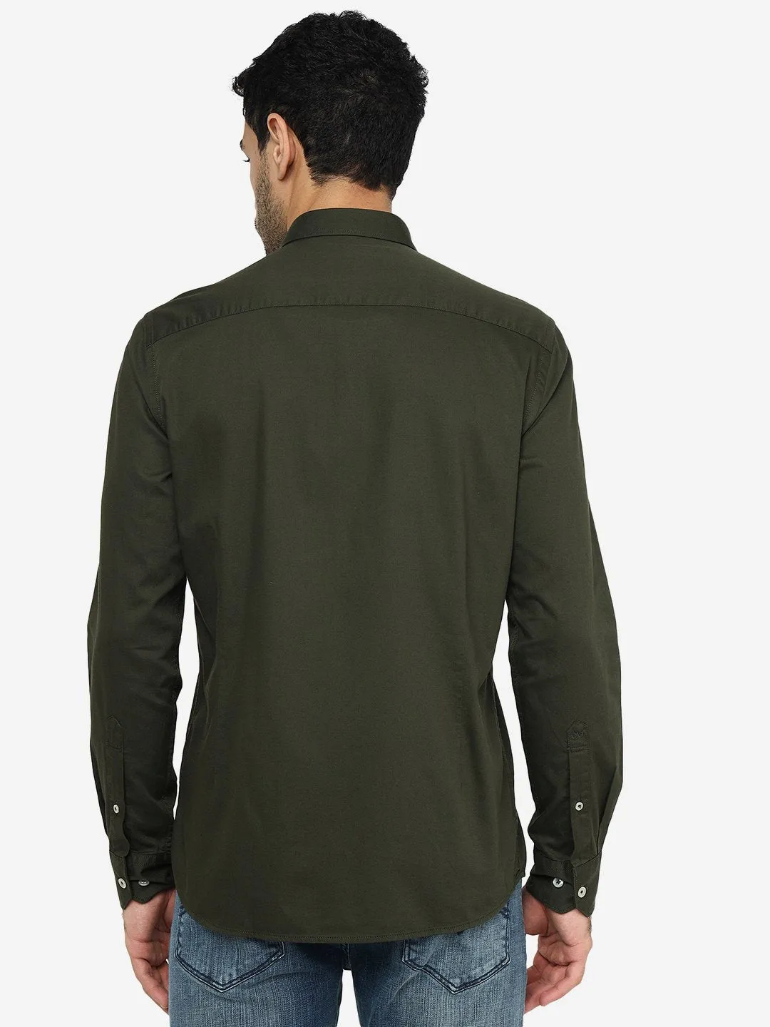 Olive Green Solid Slim Fit Semi Casual Shirt | JadeBlue