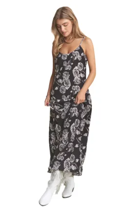 PLEATED VELVET BLACK FLORAL LONG TANK DRESS