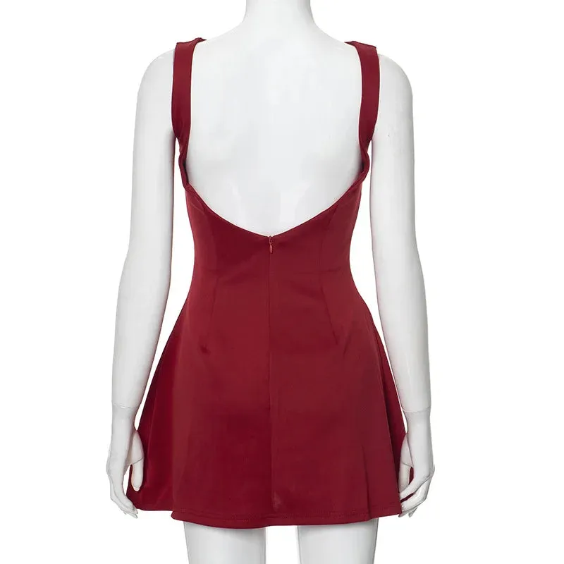 Solid color round neck sleeveless backless dress