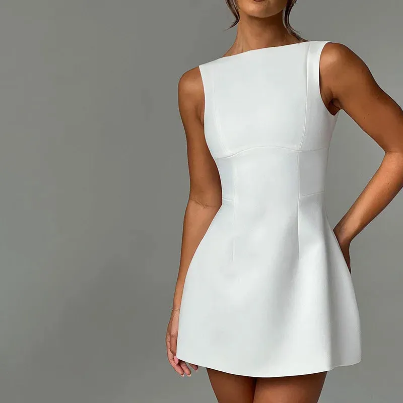 Solid color round neck sleeveless backless dress