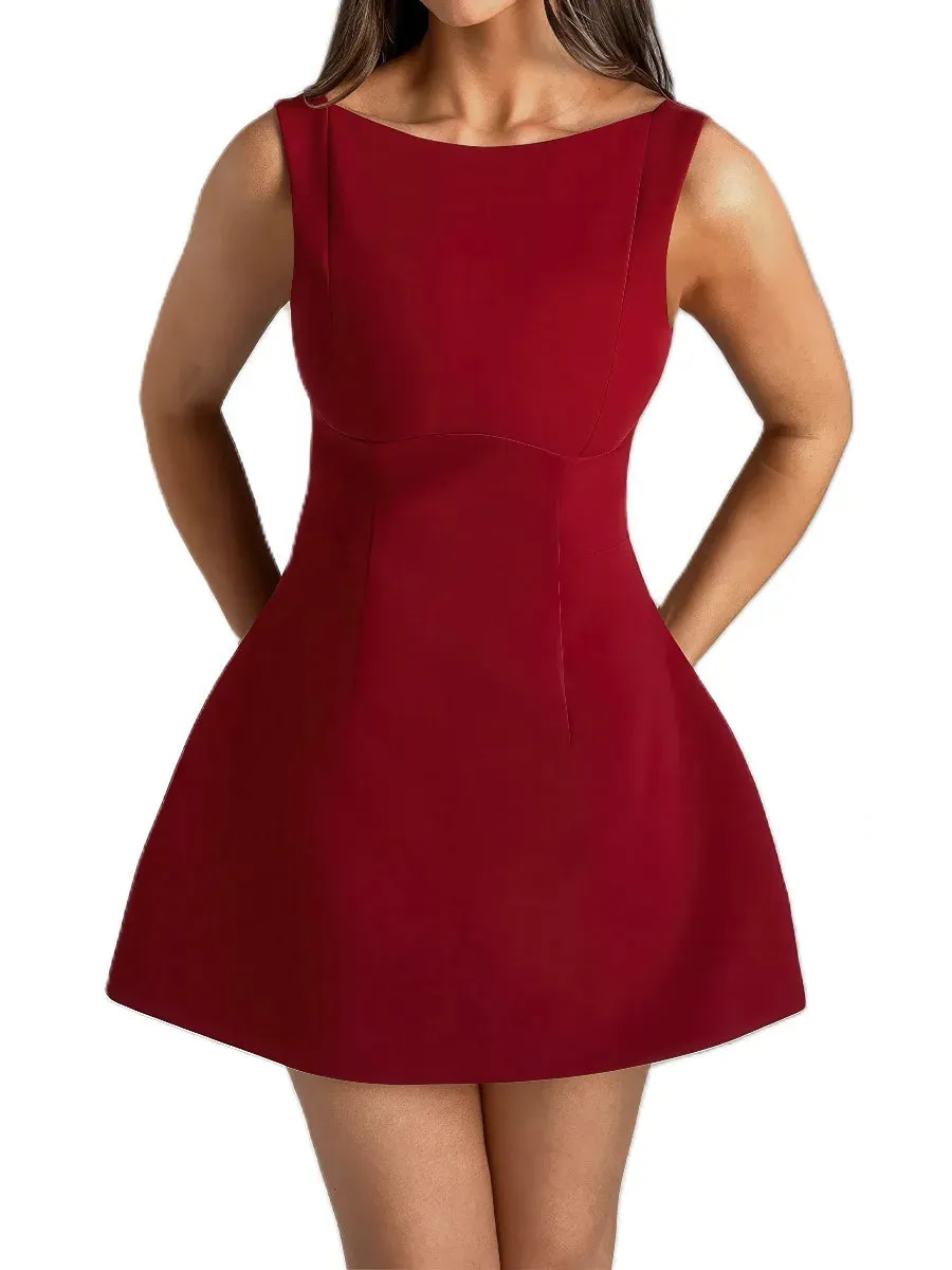 Solid color round neck sleeveless backless dress
