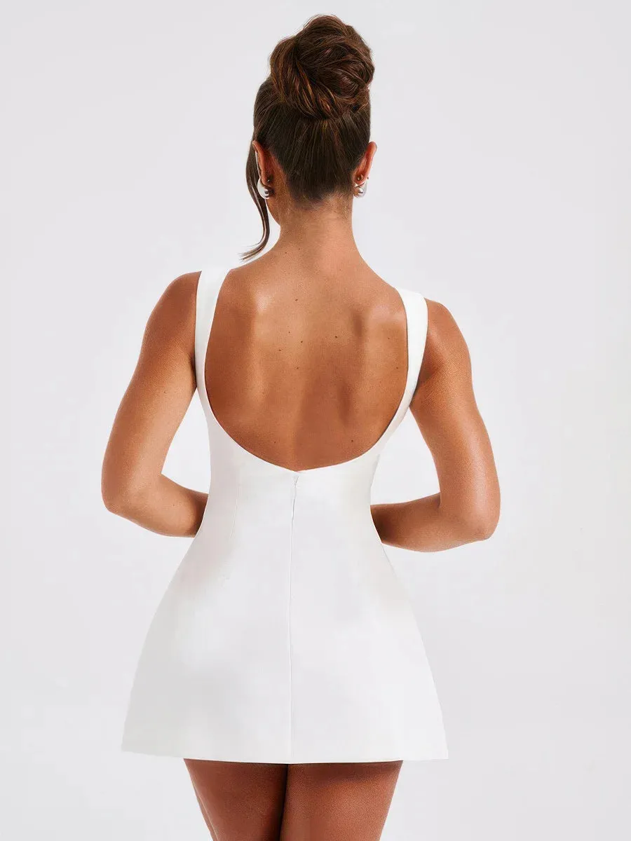 Solid color round neck sleeveless backless dress