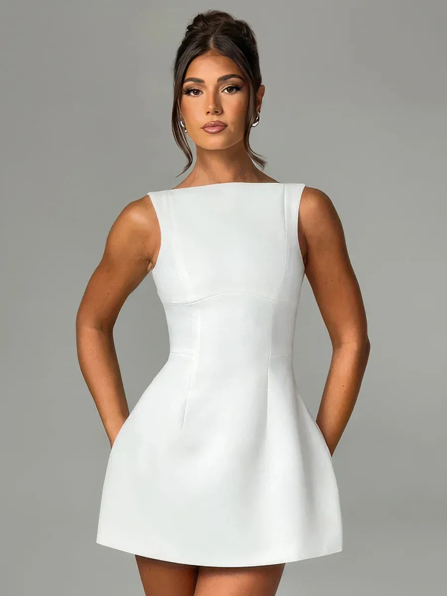 Solid color round neck sleeveless backless dress