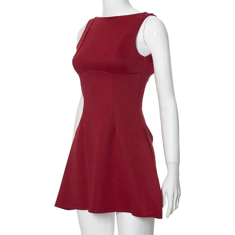 Solid color round neck sleeveless backless dress
