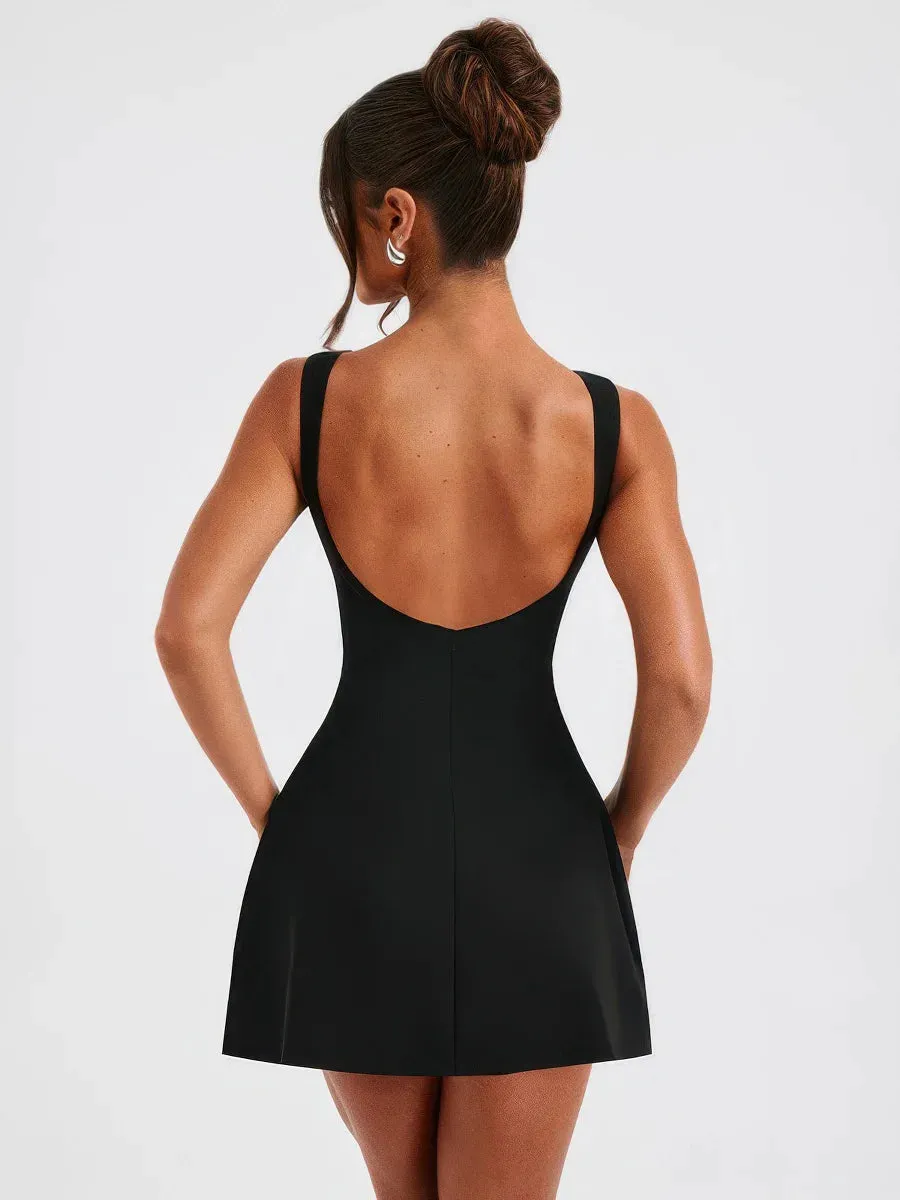 Solid color round neck sleeveless backless dress